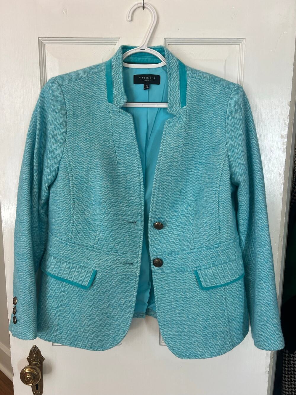 Talbots Petite 6P Aqua Herringbone Wool Blend Blazer Jacket Blue